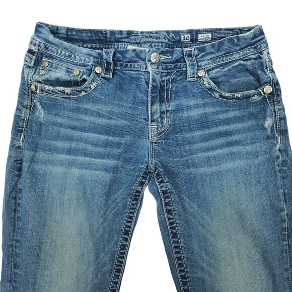 Miss Me Jeans Mid Rise Easy Boot Cut Faux Flap Size 30x29 READ Stretch Med Wash - Picture 12 of 16